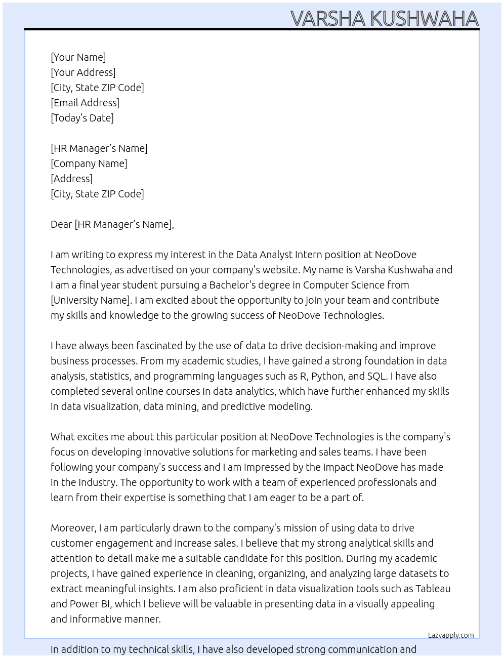 Data Analyst Intern At NeoDove Technologies Cover Letter