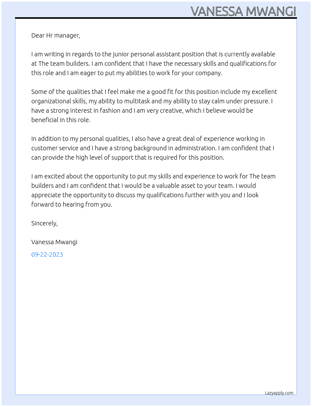 Junior personal assistant  At The team builders Cover Letter