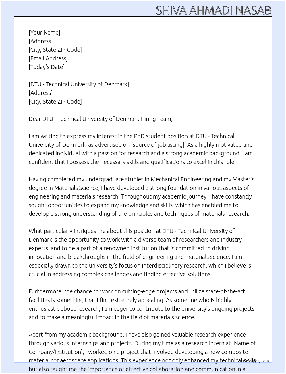 PhD student At DTU - Technical University of Denmark Cover Letter