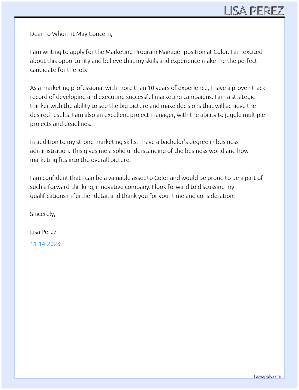 Marketing Program Manager At Color Cover Letter