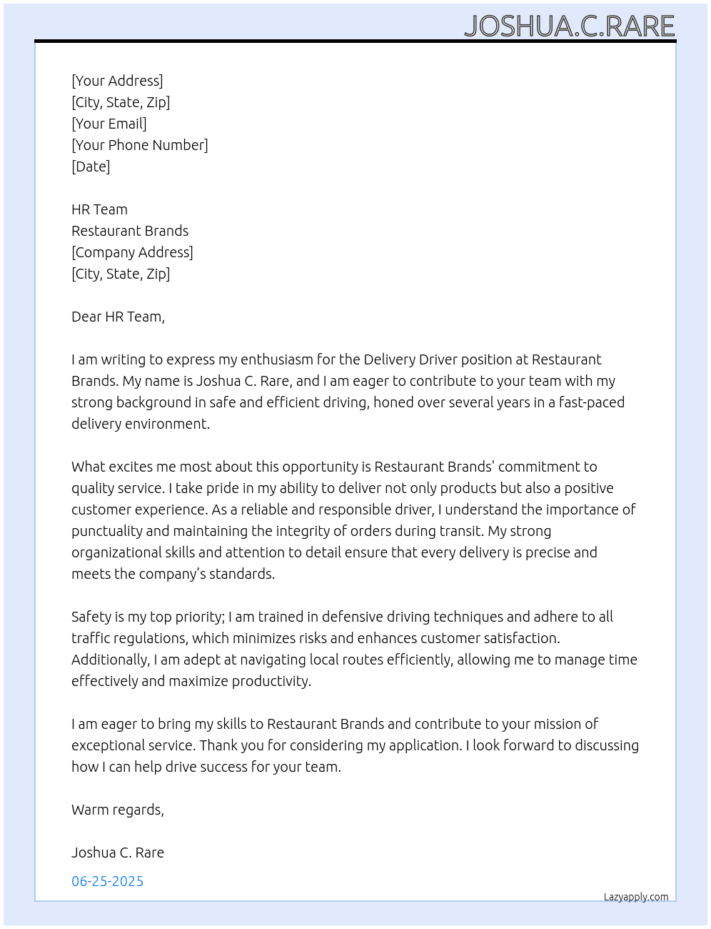 Delivery Driver At Restaurant Brands Cover Letter