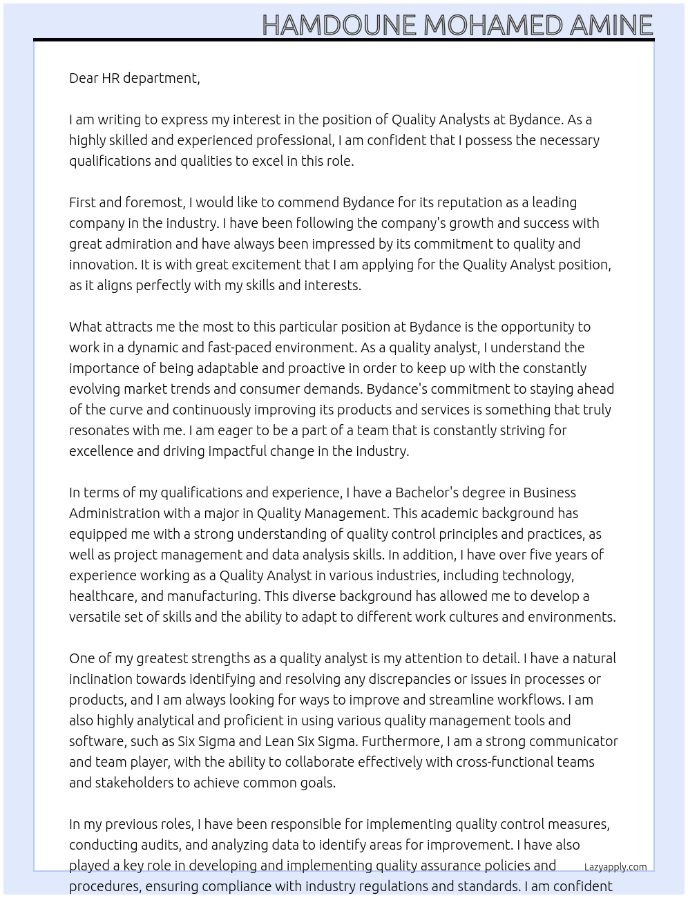 Quality analysts At Bydance Cover Letter