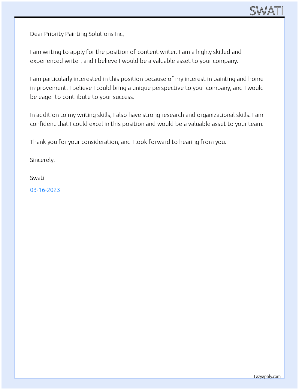content writer At Priority Painting Solutions Inc Cover Letter