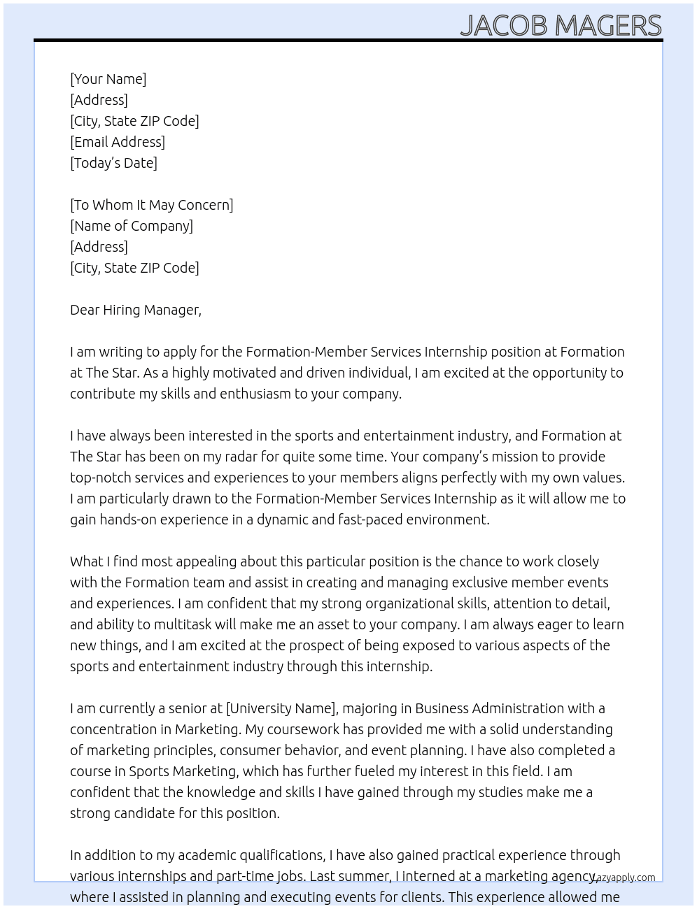 Formation-Member Services Internship At Formation at The Star Cover Letter