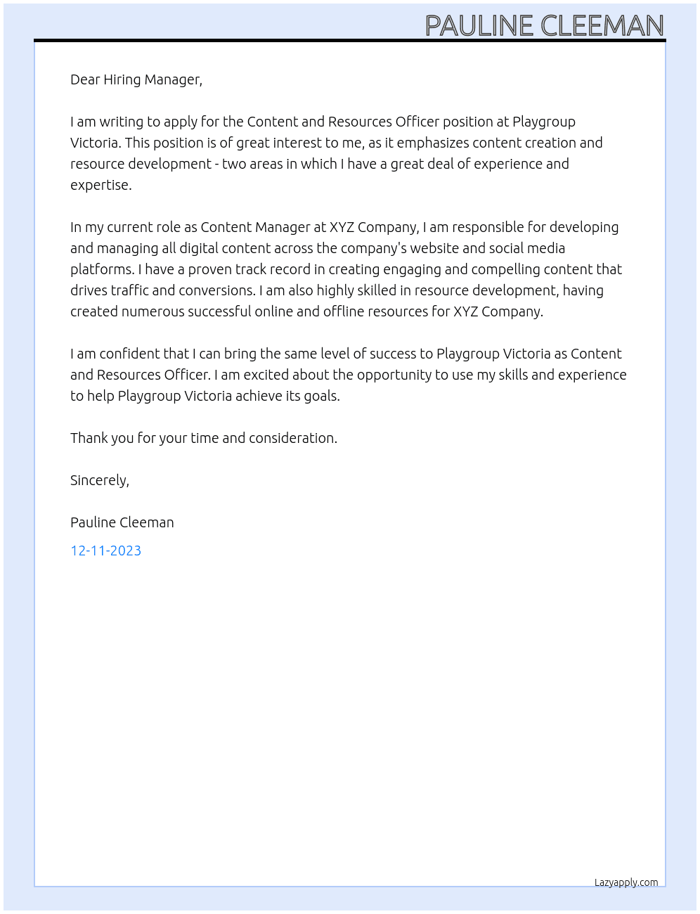 Content and Resources Officer At Playgroup Victoria Cover Letter
