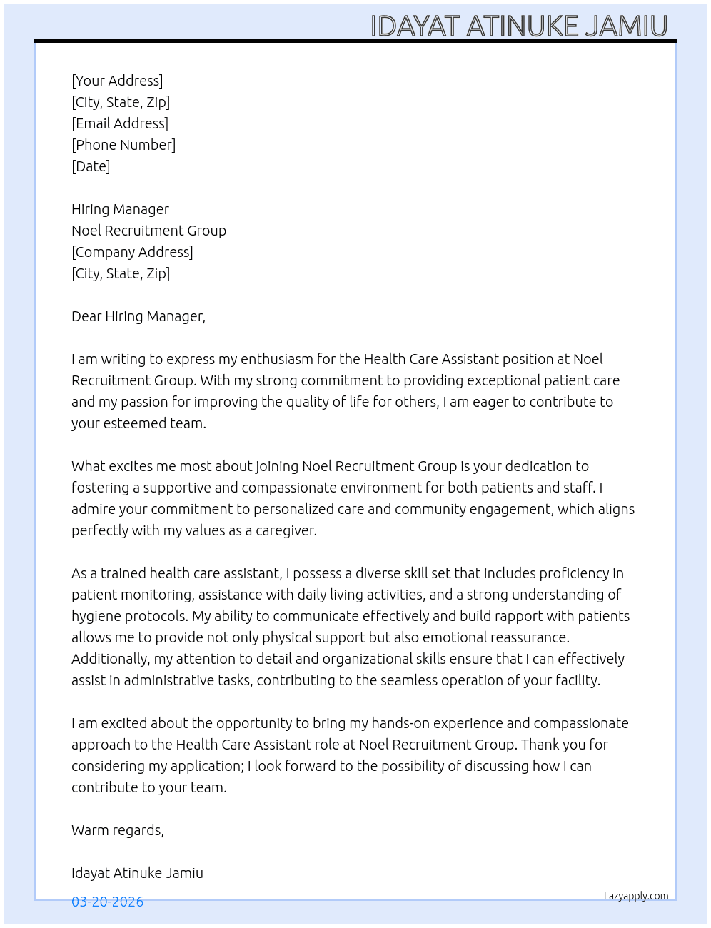 Health care assistant  At Noel recruitment group  Cover Letter