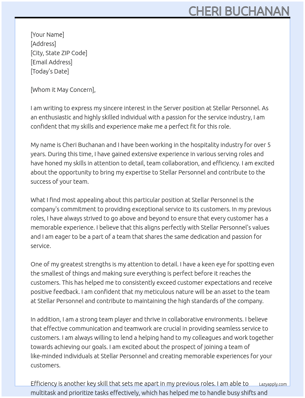 Server At Stellar Personnel Cover Letter