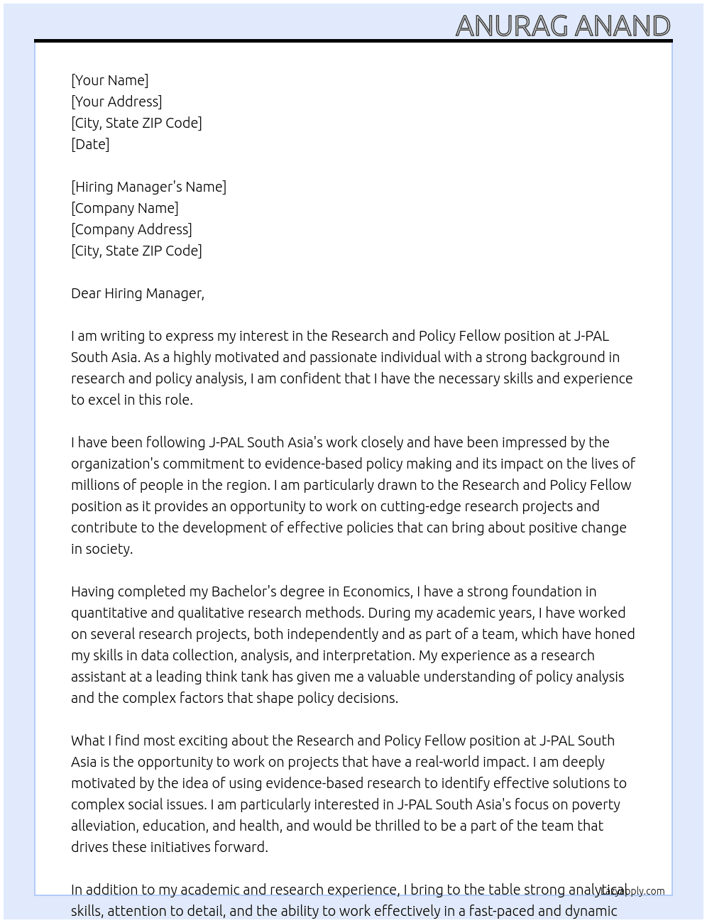 Research and Policy Fellow At J-PAL South Asia Cover Letter