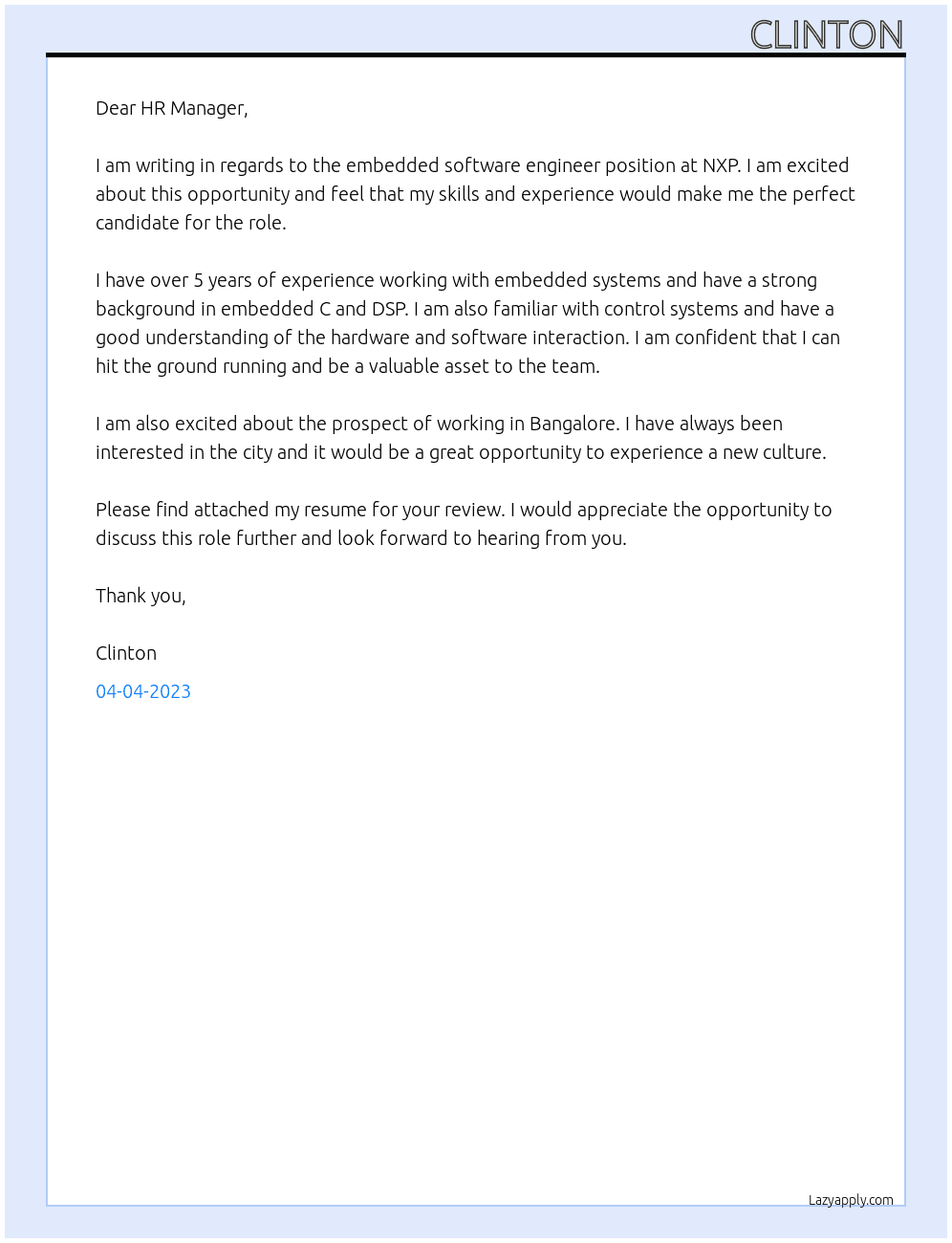Embedded software engineer  At NXP Cover Letter