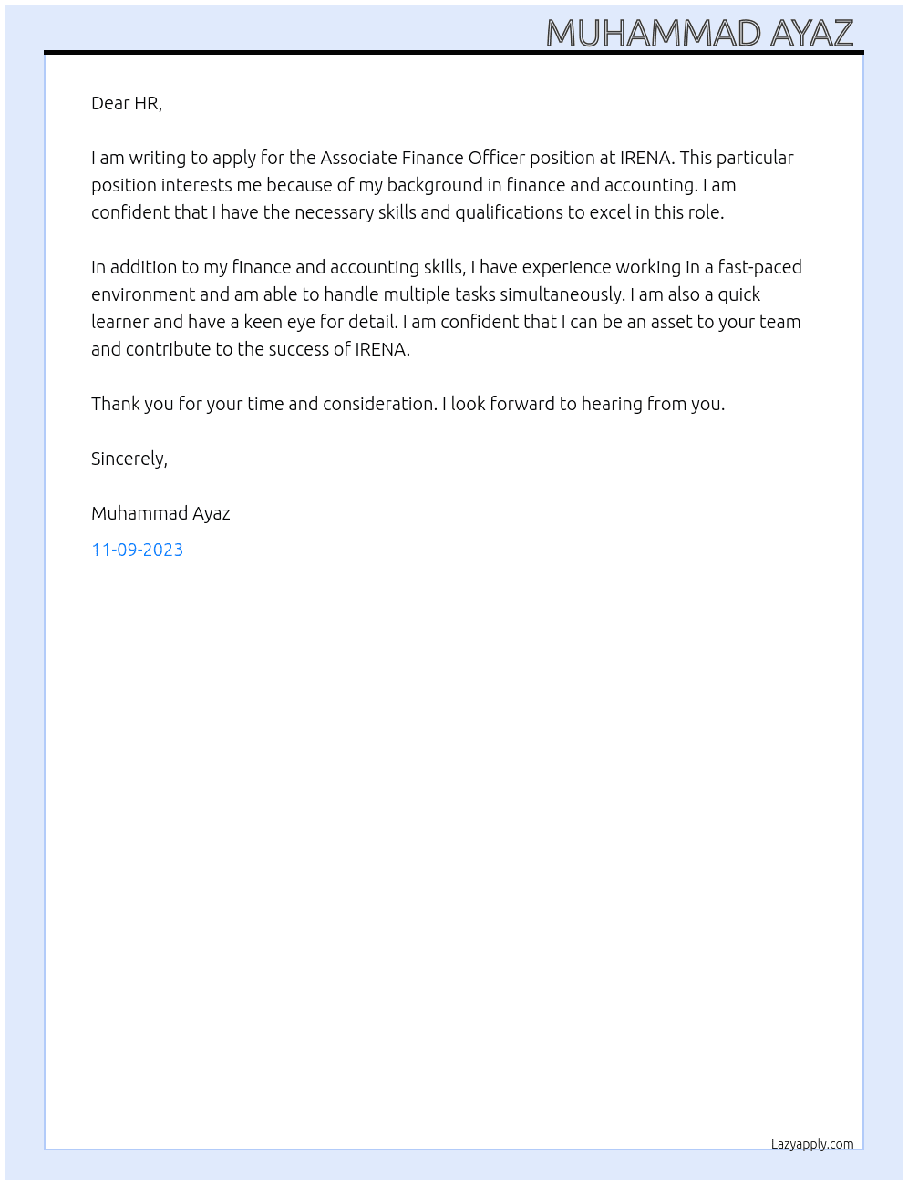 Associate Finance Officer  At IRENA Cover Letter