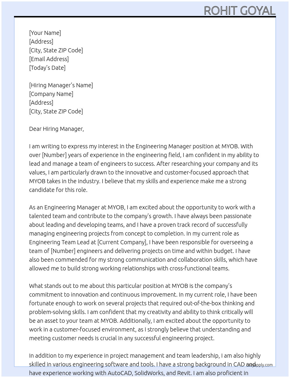 Engineering Manager At MYOB Cover Letter