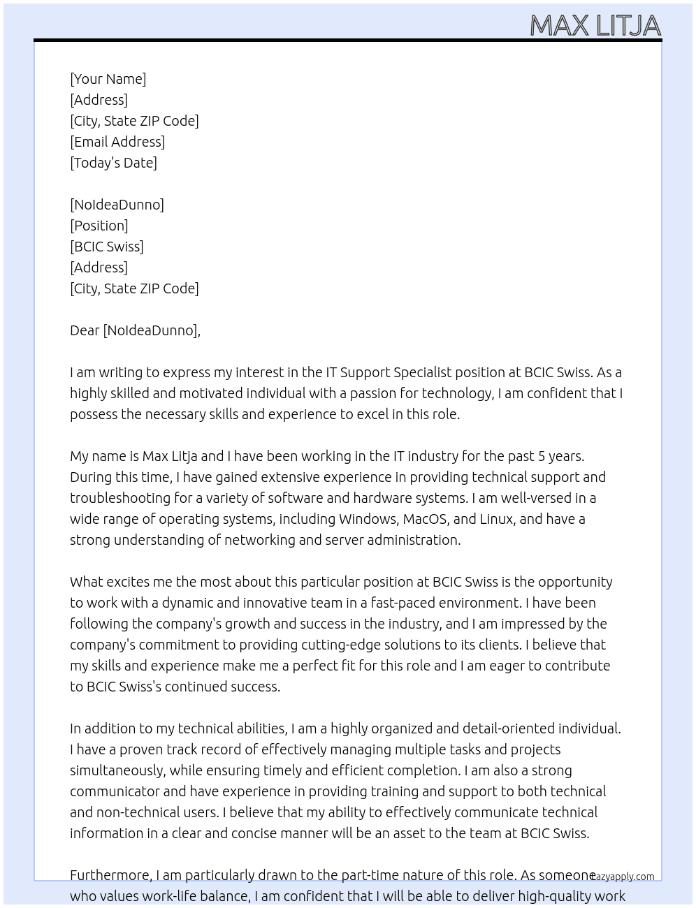 IT Support Specialist At BCIC Swiss Cover Letter