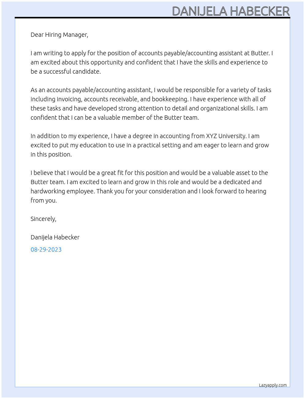 accounts payable/accounting assistant At butter Cover Letter