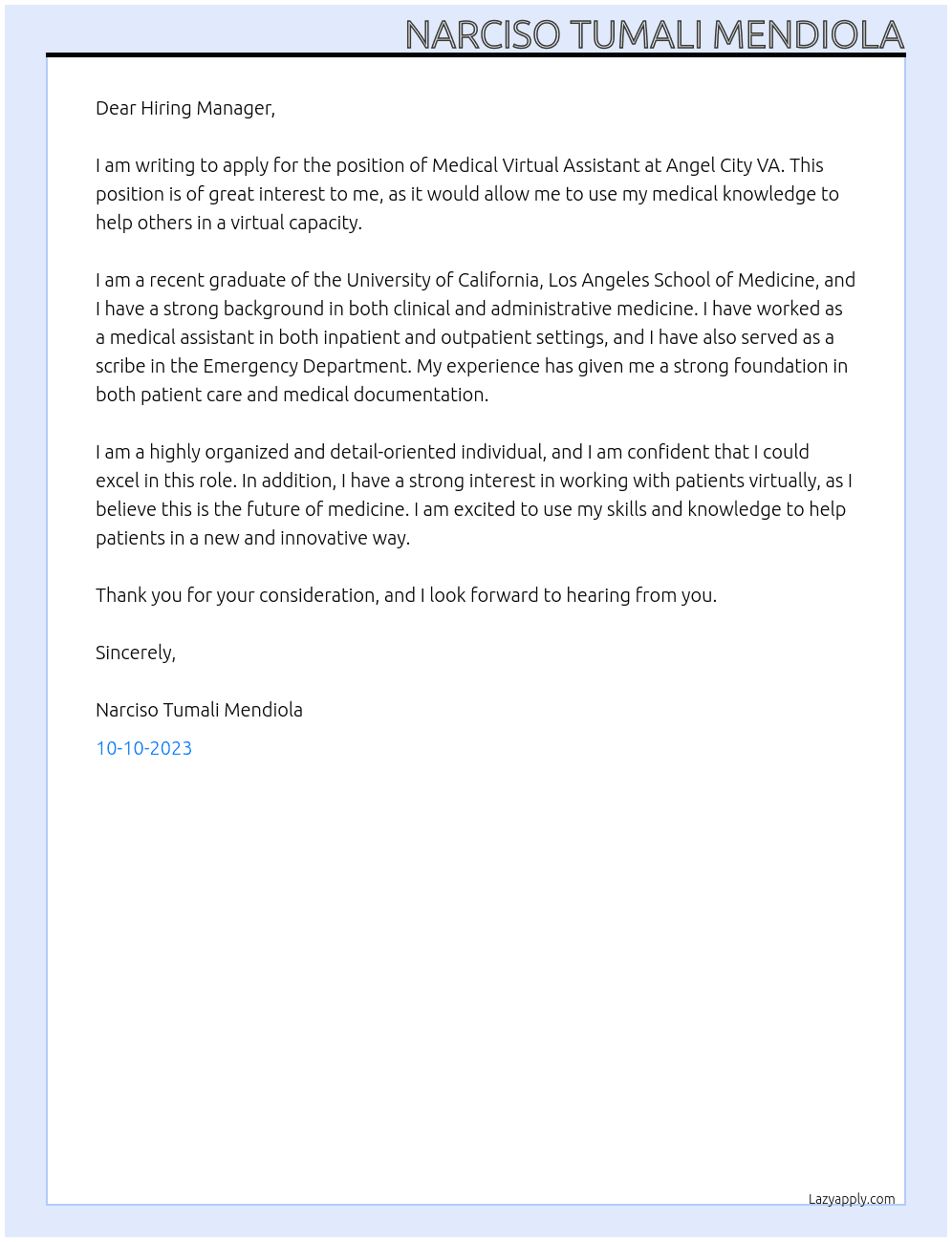 Medical Virtual Assistant At Angel City VA Cover Letter