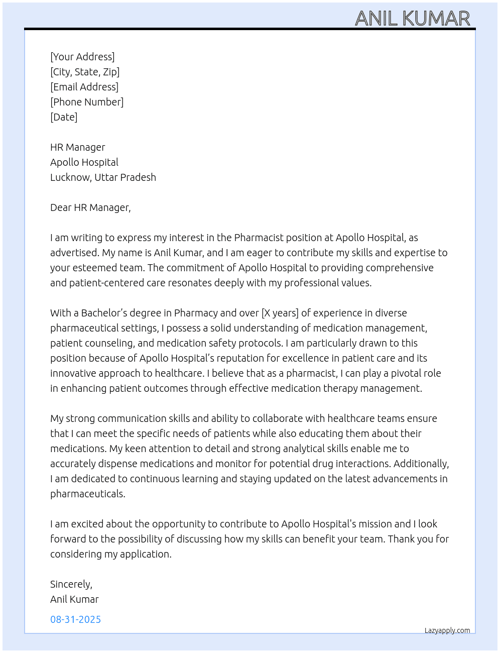 Pharmacist  At Apollo hospital Lucknow uttar pradesh  Cover Letter