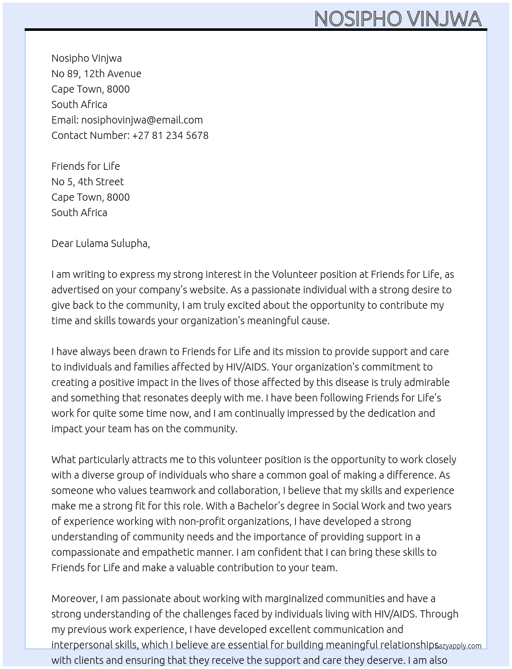Volunteer  At Friends for Life  Cover Letter