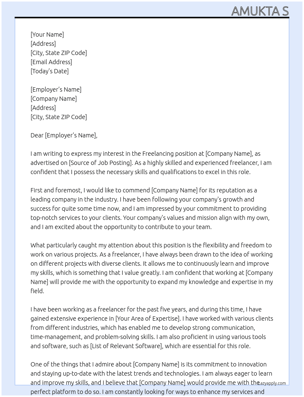 Freelancing At Any  Cover Letter