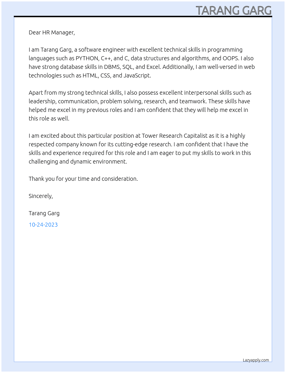 Software Engineer At Tower Research Capalist Cover Letter
