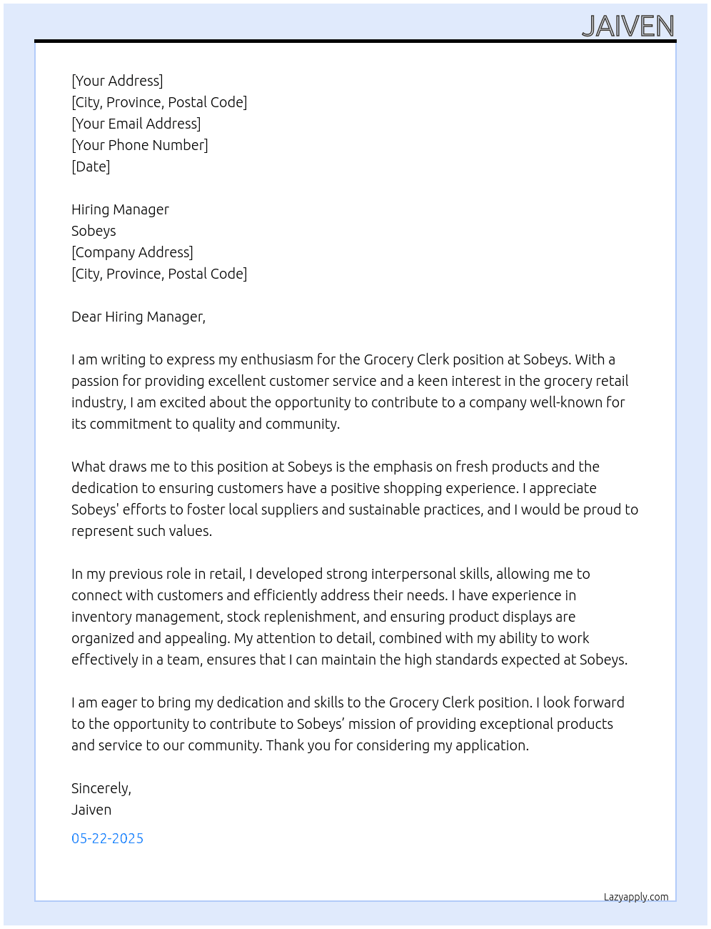 Grocery Clerk At Sobeys Cover Letter