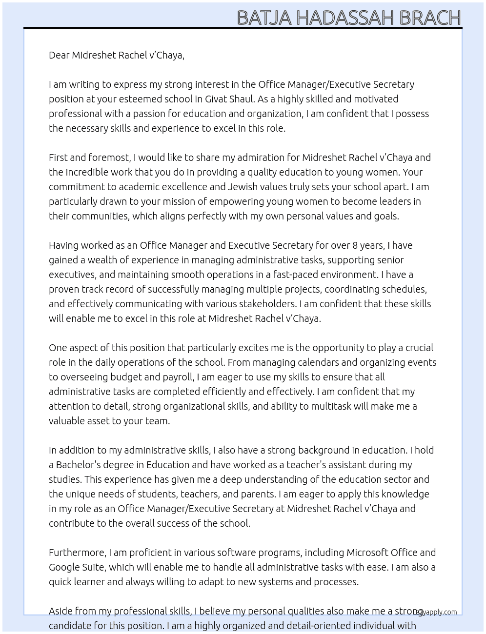Office Manager/Executive Secretary school At Midreshet Rachel v’Chaya in Givat Shaul  Cover Letter