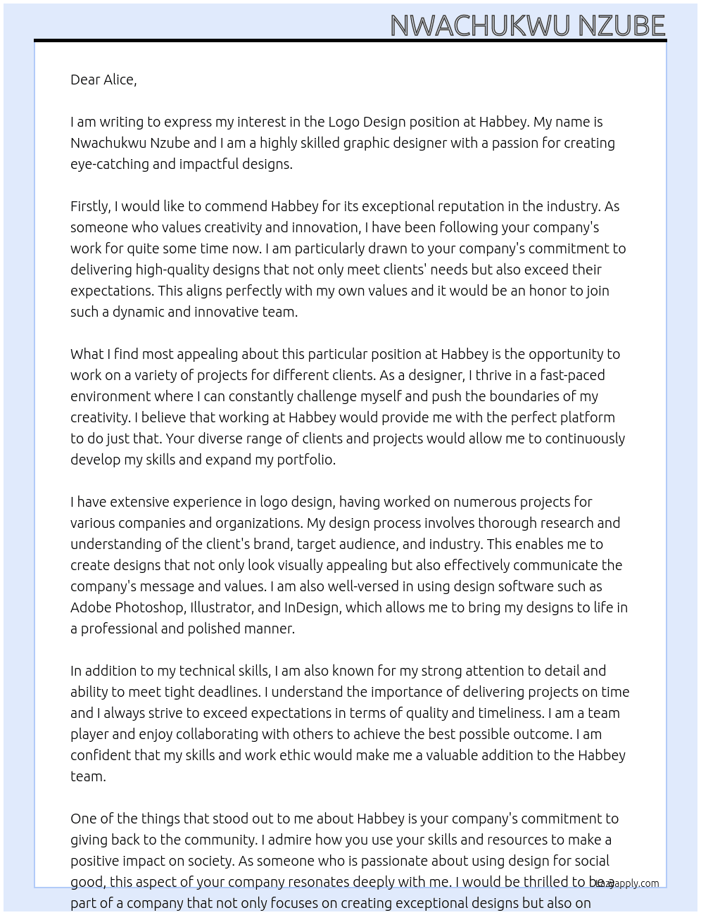 Logo design At Habbey Cover Letter