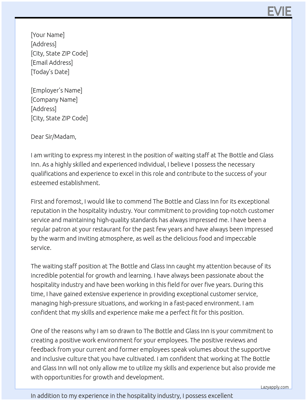 waiting staff At The bottle and Glass inn Cover Letter