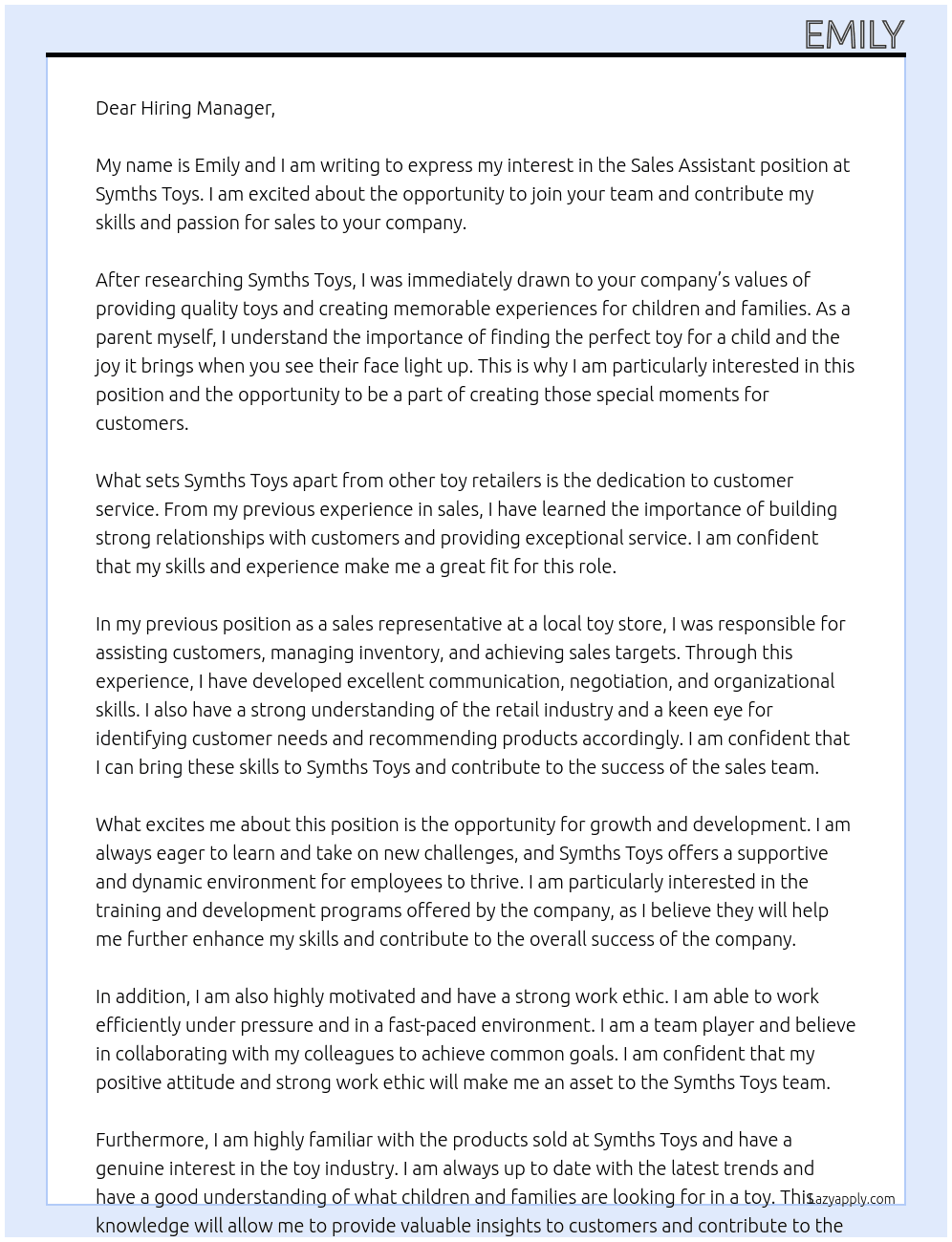 sales assistant  At Symths Toys Cover Letter