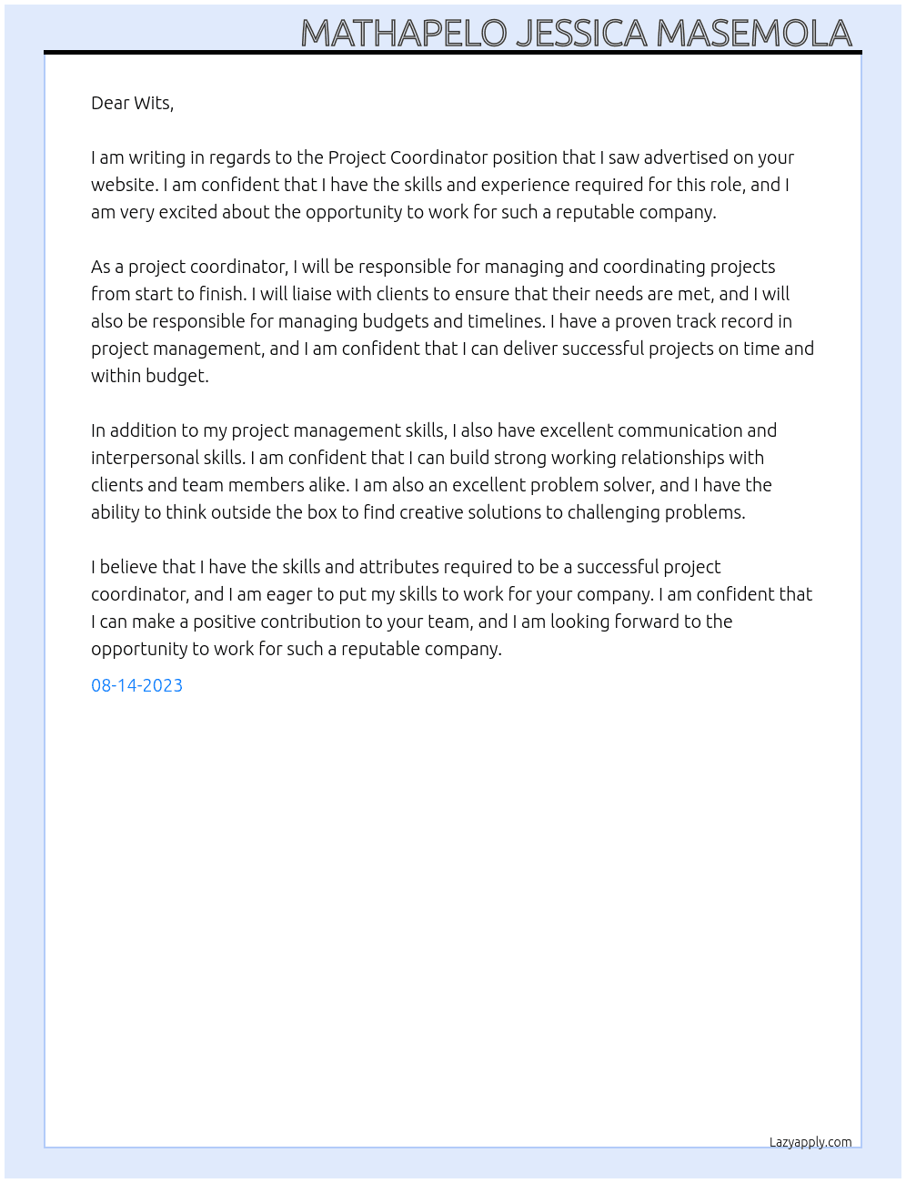 Project Coordinator At Wits Cover Letter