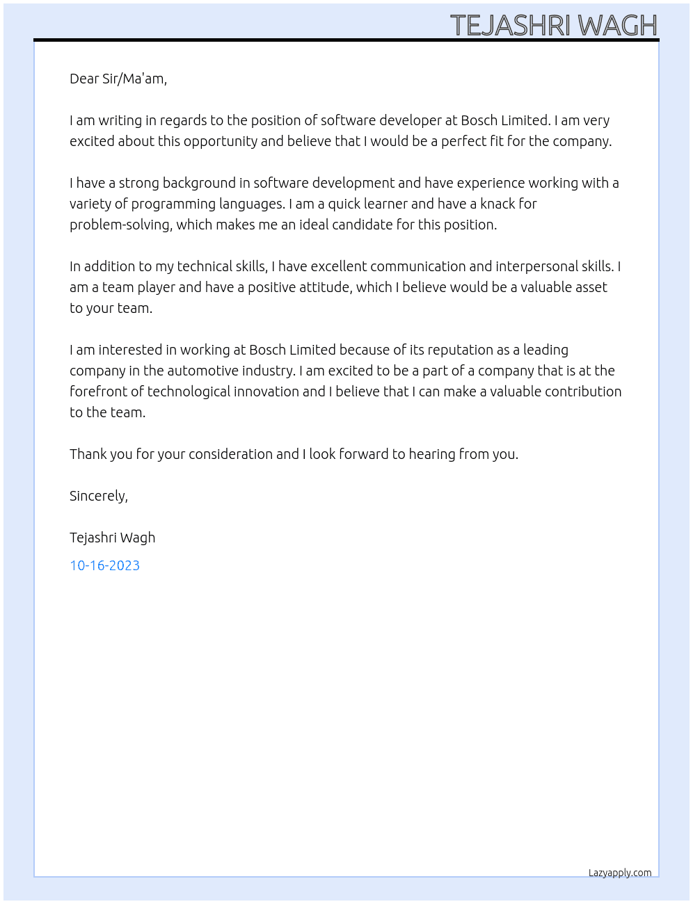 software developer  At Bosch limited  Cover Letter