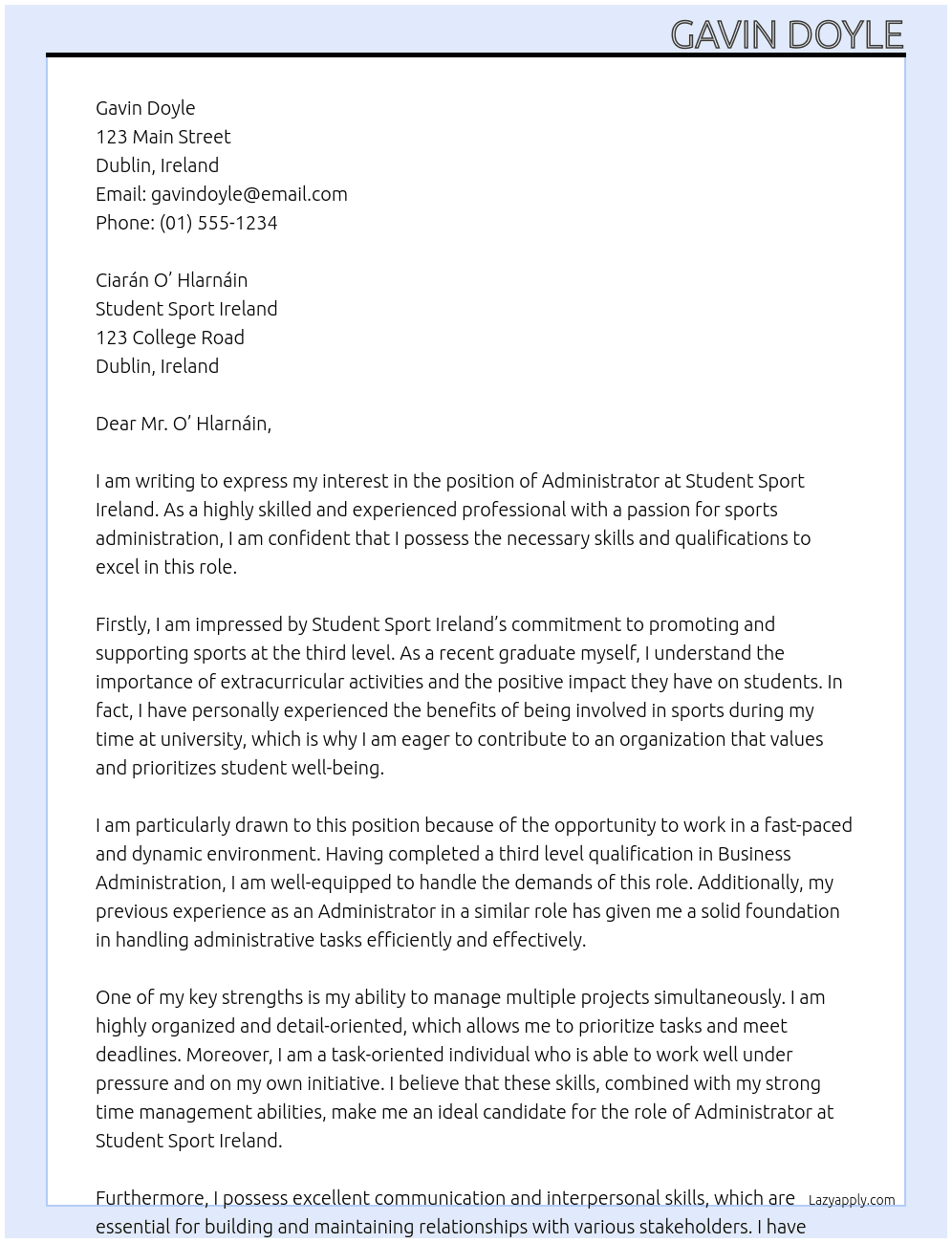 Administrator  At Student Sport Ireland  Cover Letter