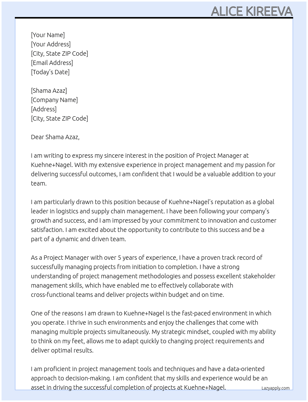 Project Manager At Kuehne+Nagel Cover Letter