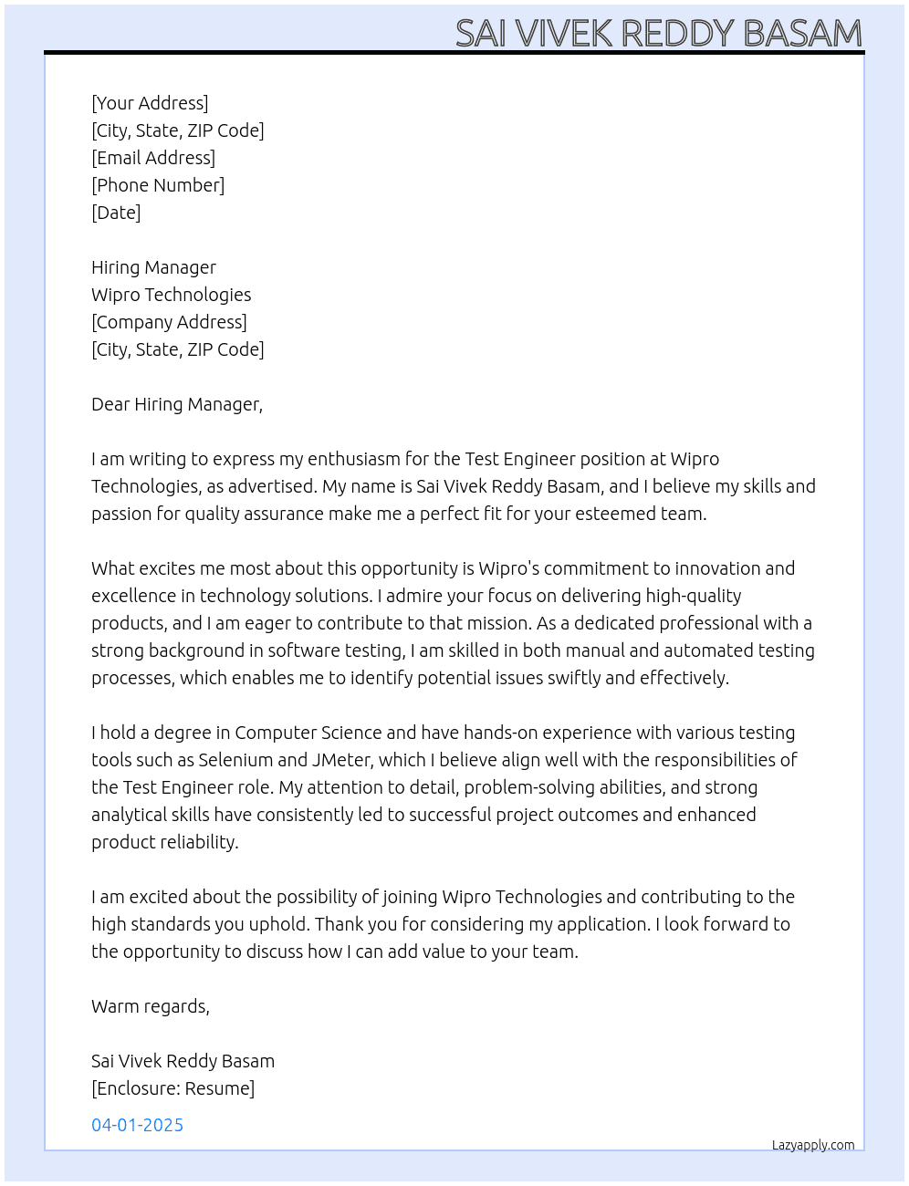 test engineer At Wipro Technologies Cover Letter
