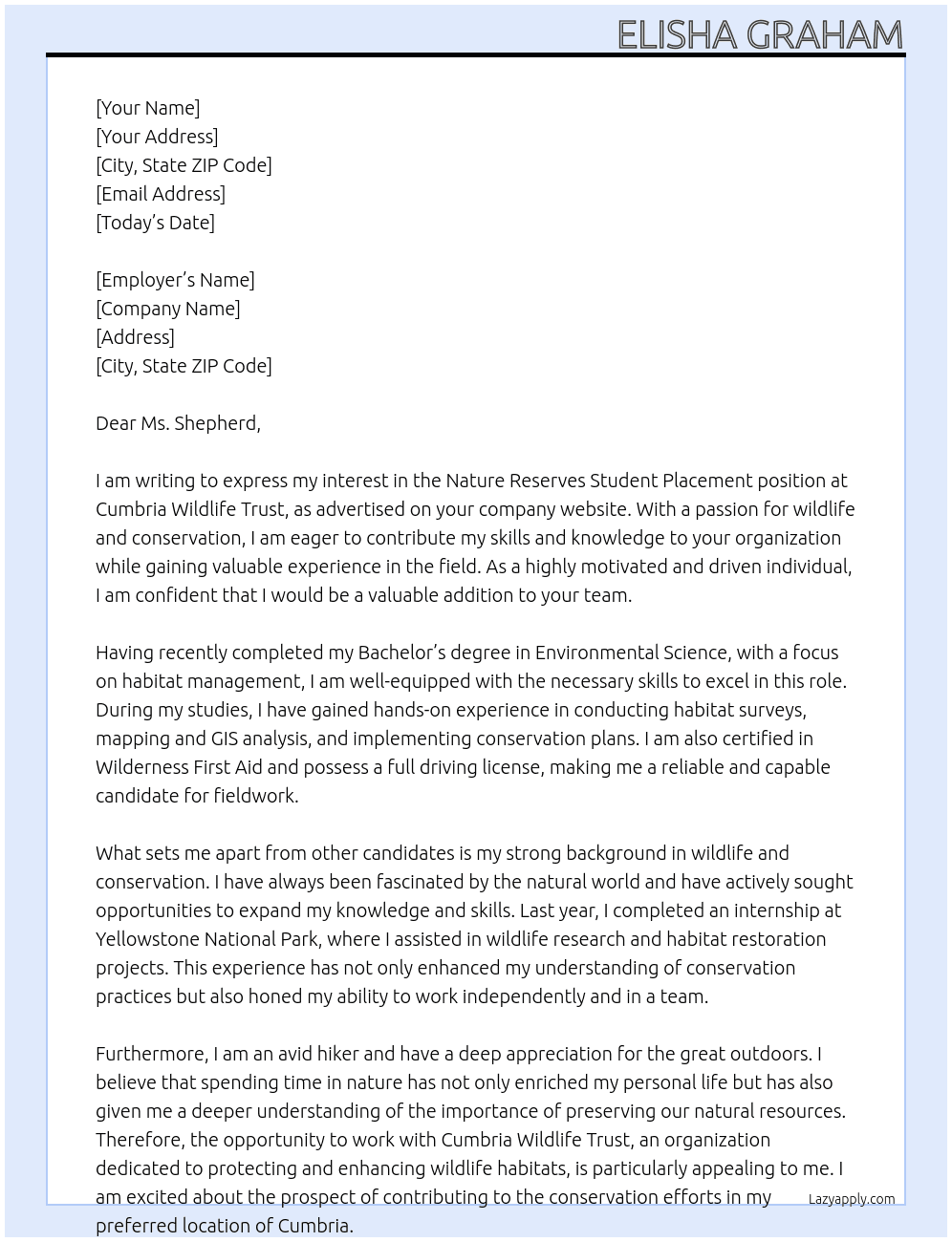 Nature Reserves Student Placement At Cumbria Wildlife Trust  Cover Letter