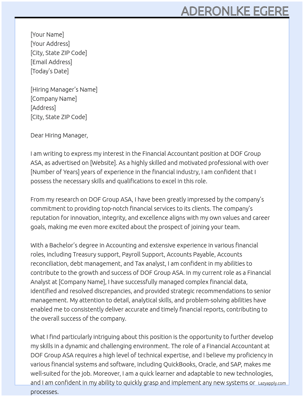 Financial Accountant  At DOF Group ASA  Cover Letter