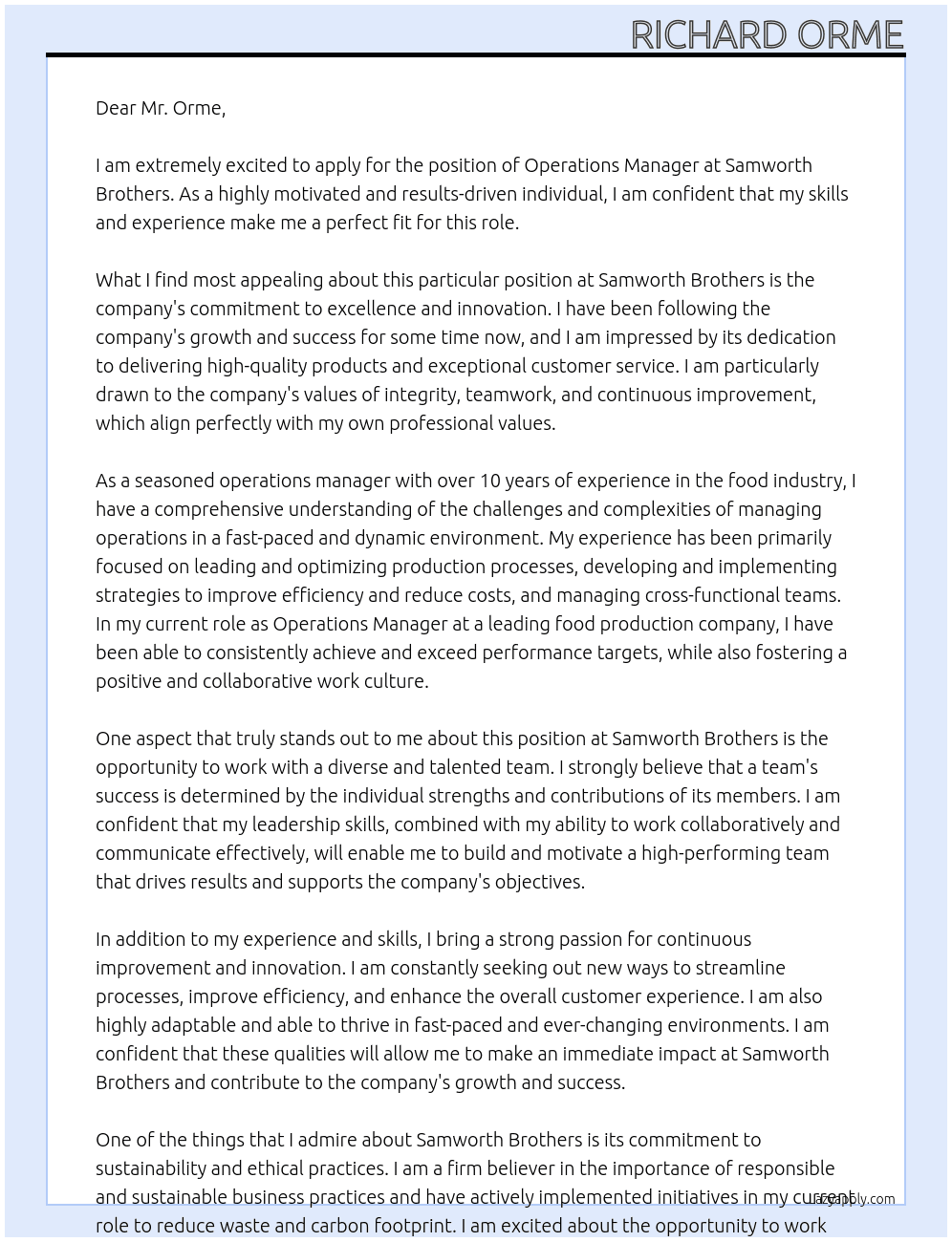 operations manager At samworth brothers Cover Letter