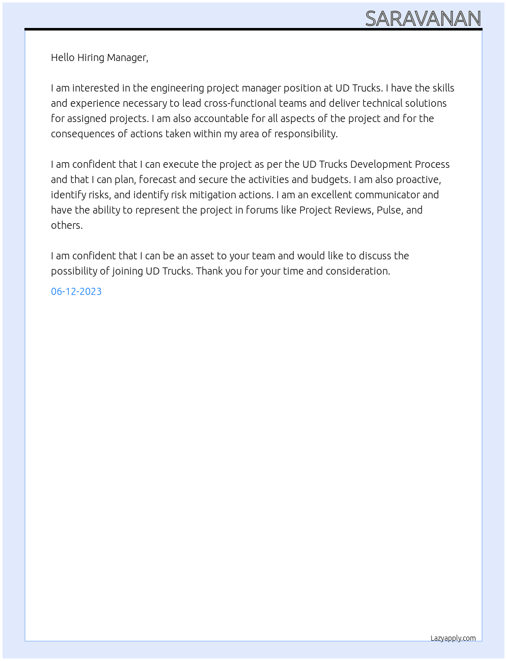 Engineering Project Manager At UD Trucks Cover Letter