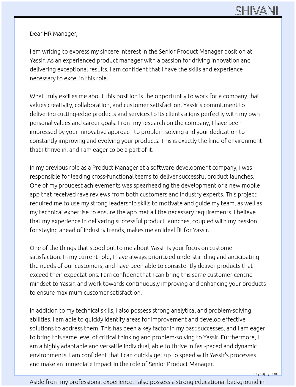 senior product manager At Yassir Cover Letter