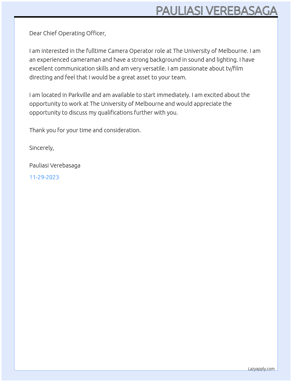 Camera Operator At The University of Melbourne Cover Letter