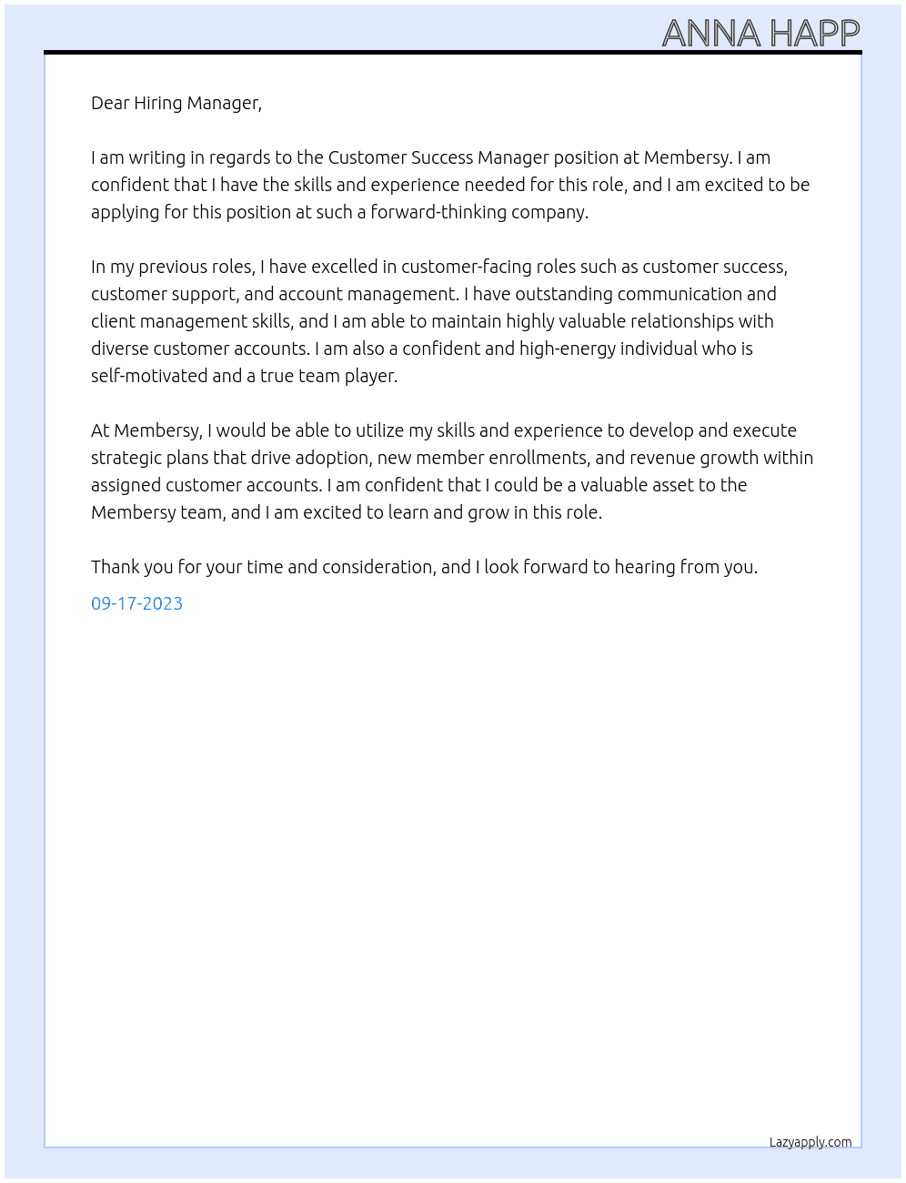 Customer Success Manager At Membersy Cover Letter