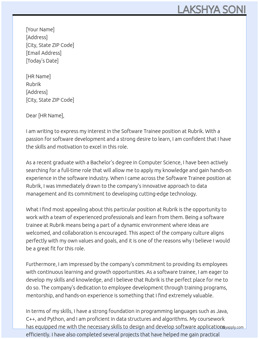 Software Trainee At Rubrik Cover Letter