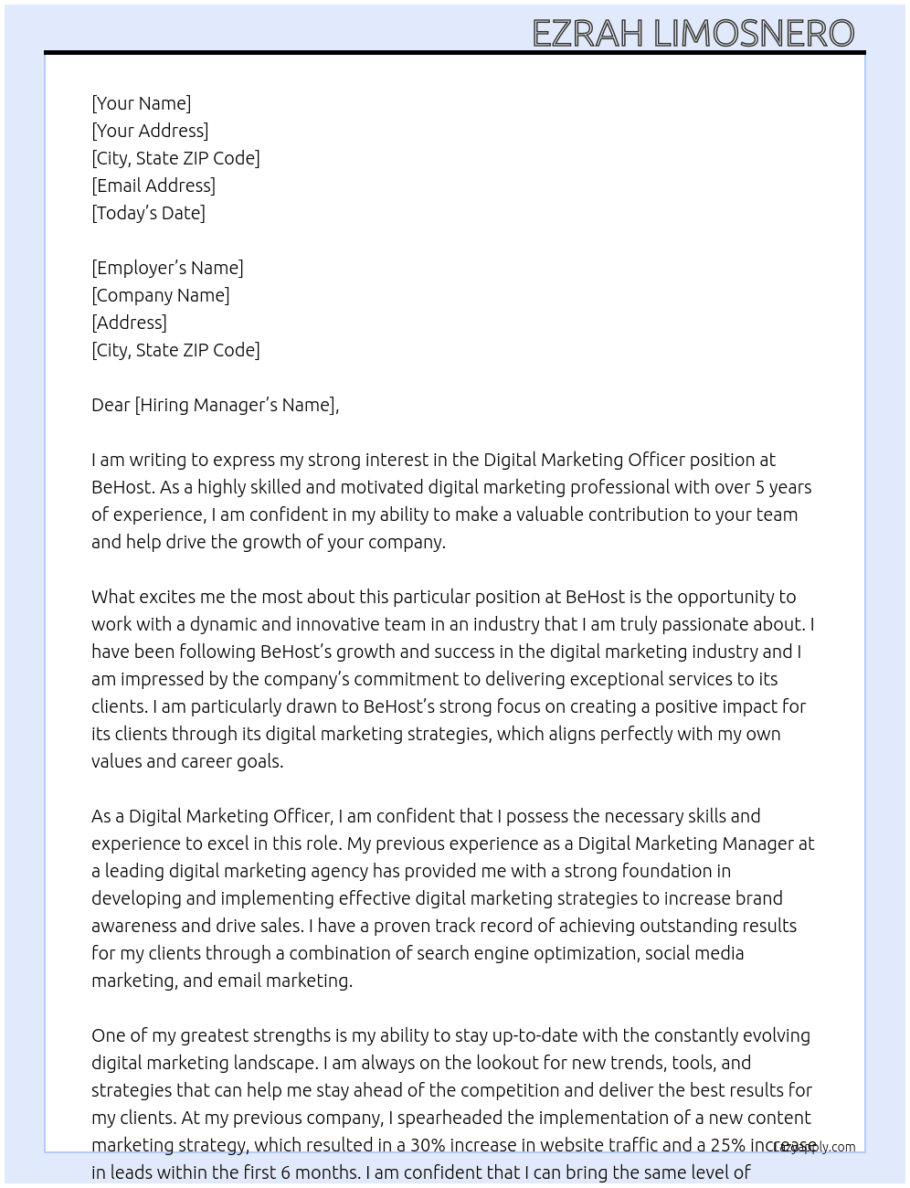 Digital Marketing Officer  At BeHost  Cover Letter