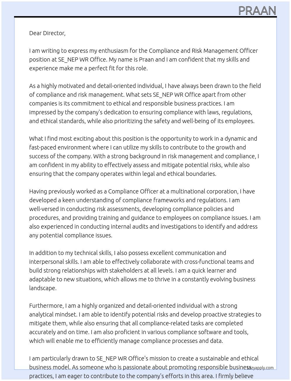 Compliance and Risk Management Officer  At SE_NEP WR Office Cover Letter