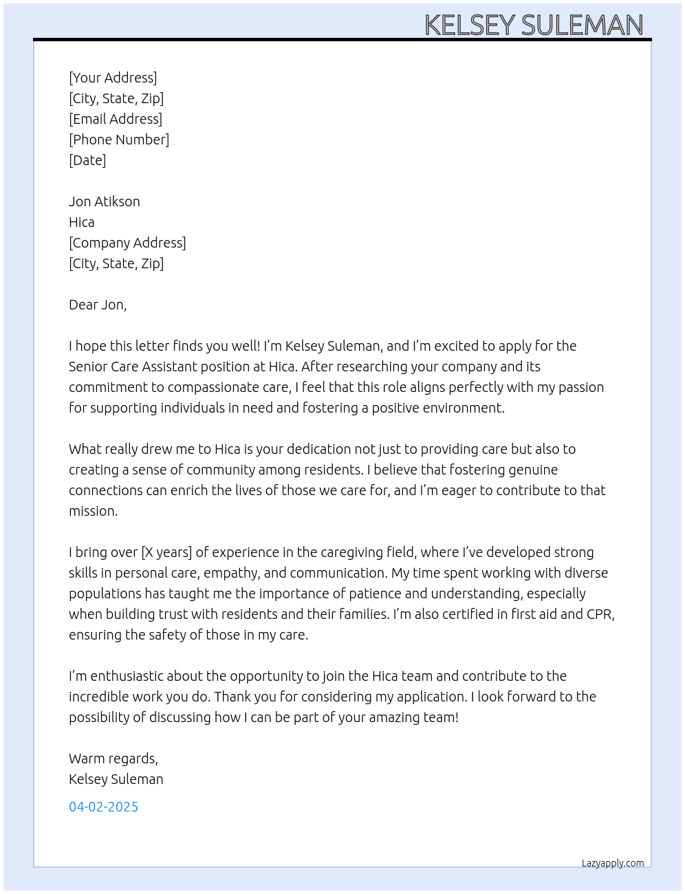 Senior Care Assistant  At Hica Cover Letter