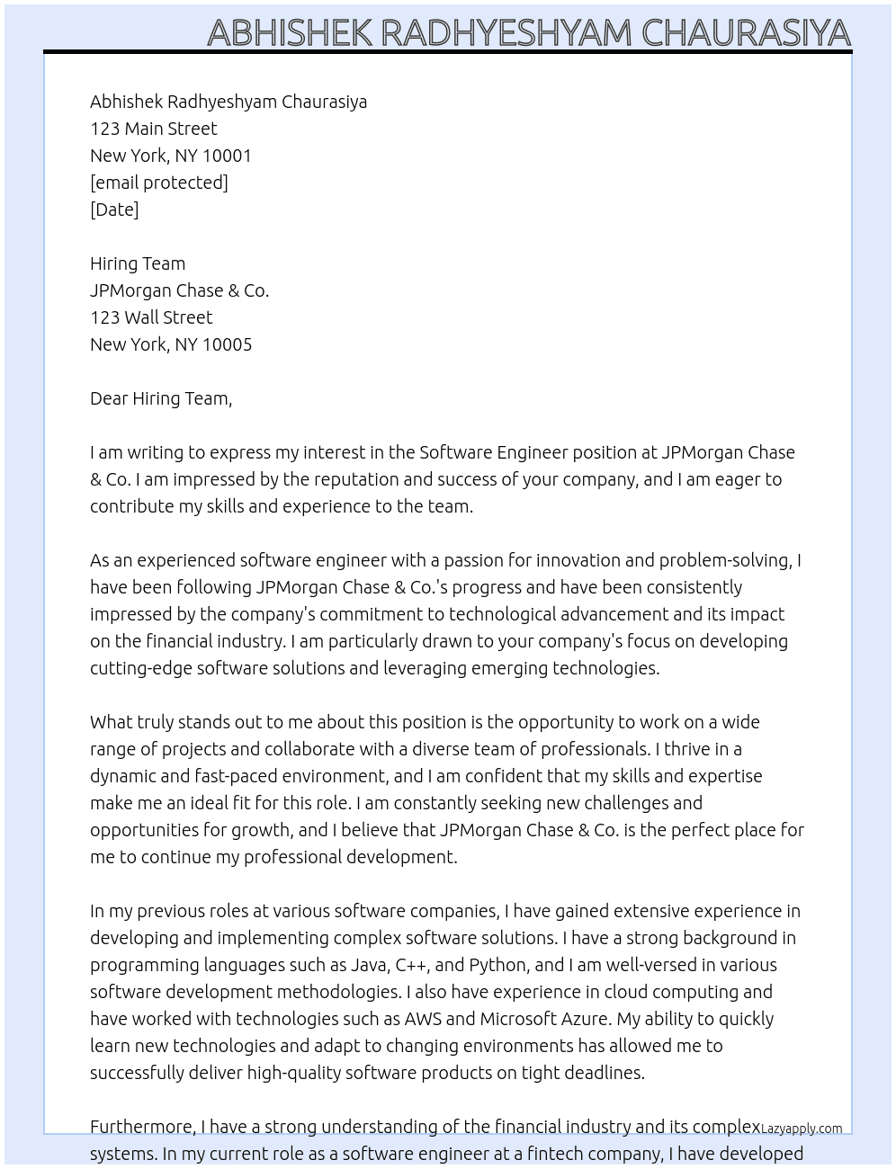 Software Engineer  At JPMorgan Chase & Co. Cover Letter
