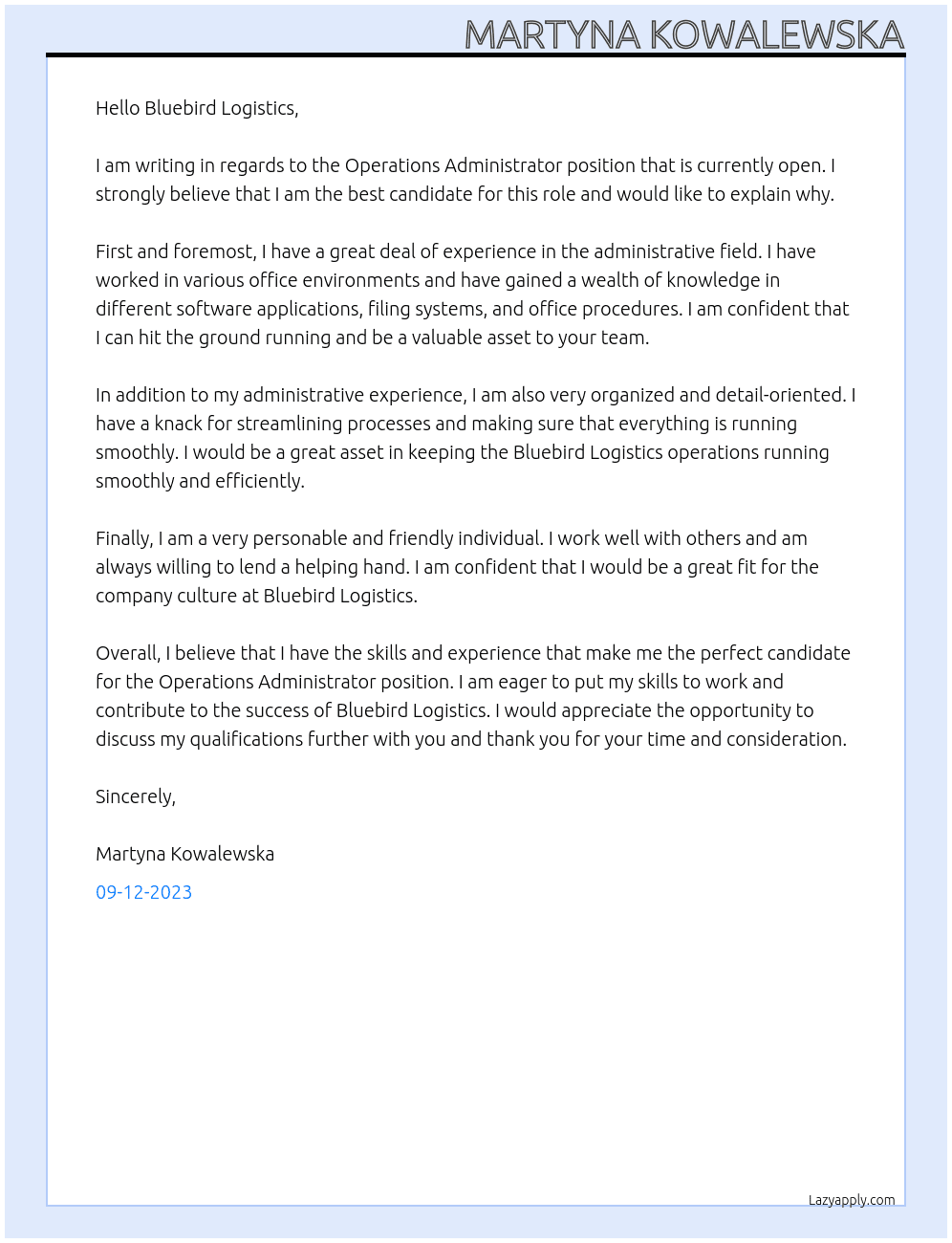 Operations Administator At Bluebird Logistics Cover Letter