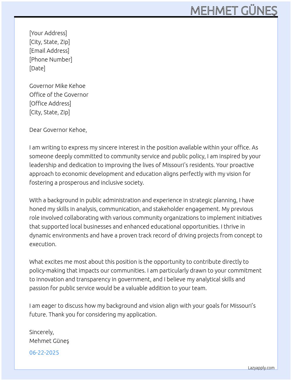 Governor Mike Kehoe At Governor Mike Kehoe Cover Letter