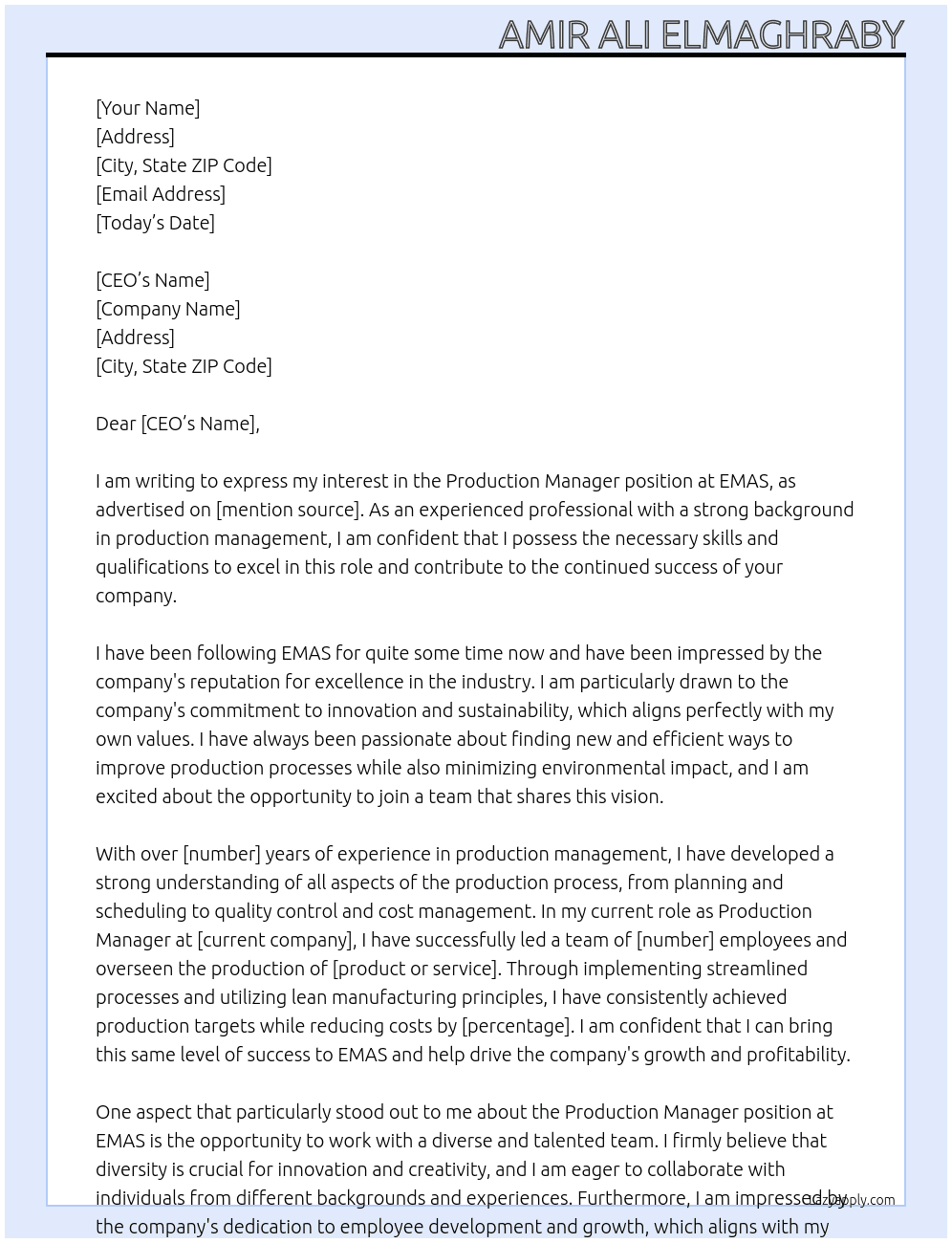 Production Manager At EMAS Cover Letter