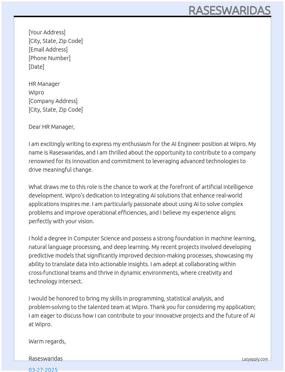 AI Engineer At Wipro Cover Letter