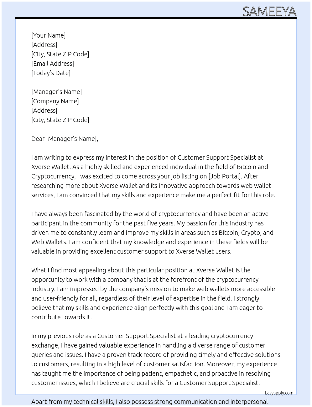 Customer Support Specialist At Xverse Wallet Cover Letter