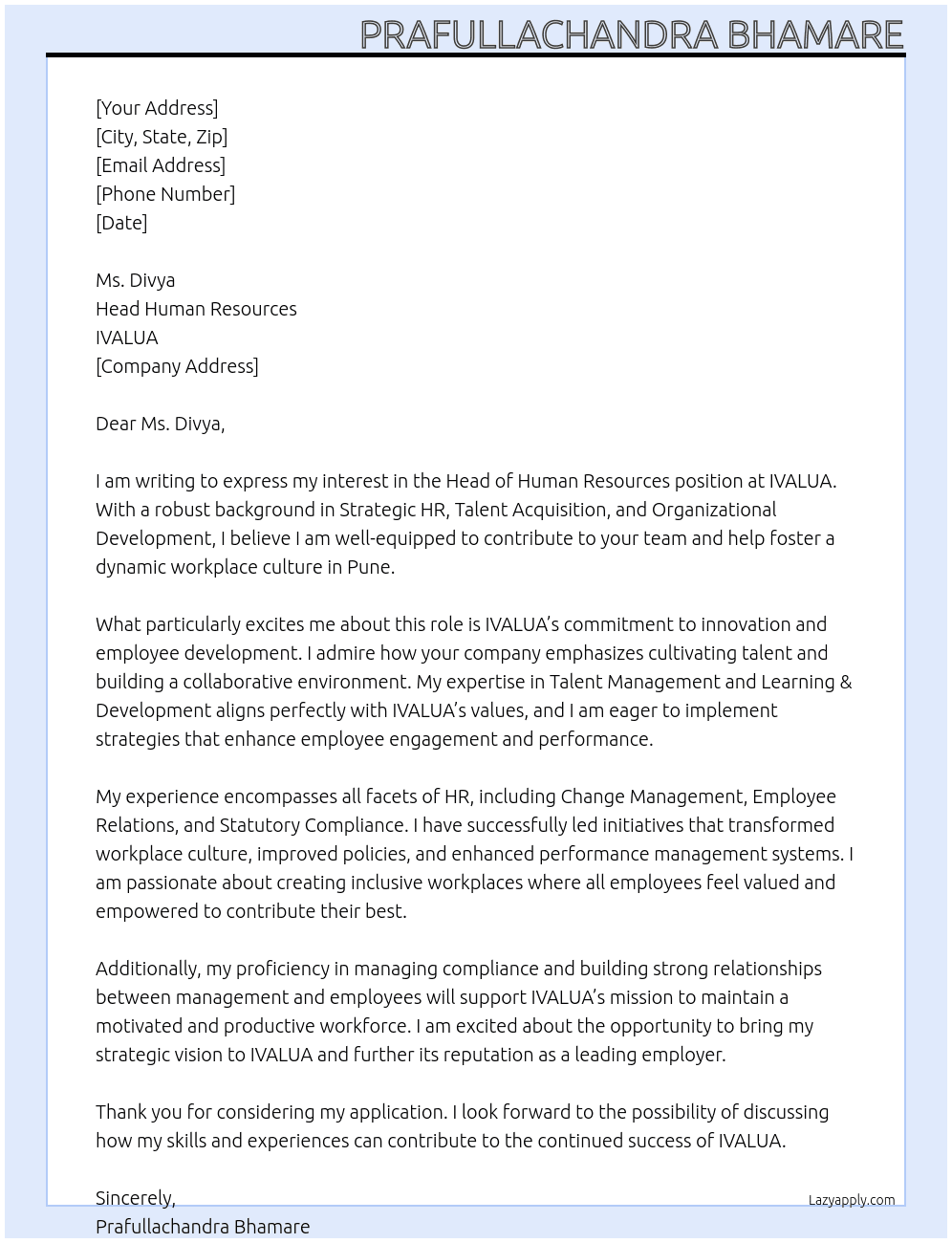 Head Human Resources At IVALUA Cover Letter